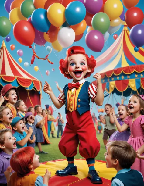 (best quality, highres), detailed, vibrant colors, happy children, entertaining performance, balloons, funny facial expressions, exaggerated gestures, circus tent, circus props, laughter, amusement park, entertainment for kids, energetic, magical tricks, a...
