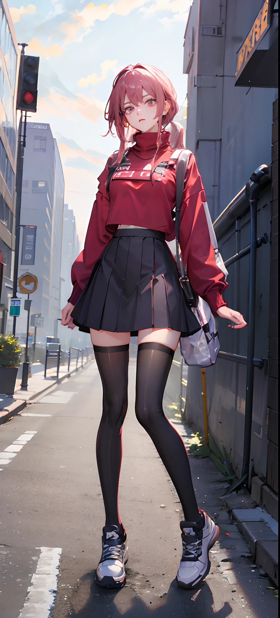 Beauty all over the body，Long legs，Tall and tall， in red sweater，black lence stockings，athletic sneakers，Stand head-on，a skirt，highway background