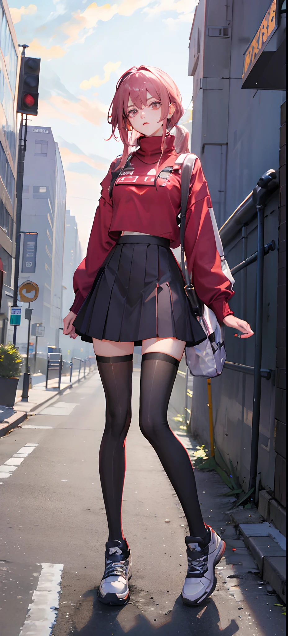 Beauty all over the body，Long legs，Tall and tall，Schoolgirl in red sweater，black lence stockings，athletic sneakers，Stand head-on，a skirt，highway background