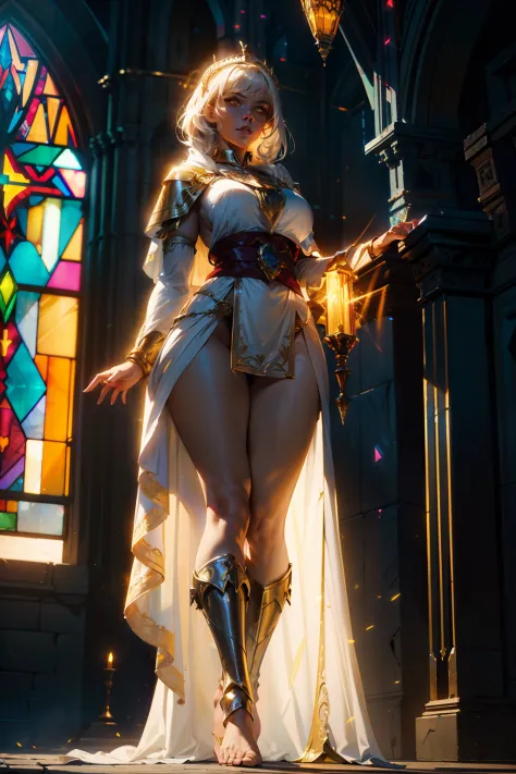 low angle, from below, paladin templar lady in white tabard, legwear, glowing yellow eyes, collar, golden chainmail, wide hips, barefoot, pauldrons, eye focus, red cape, palace indoors, decorations, stained glass windows, night, particles, chromatic aberra...