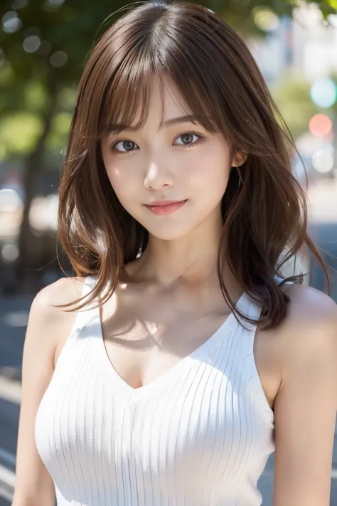 （1girll:1.2），(8K, Best Quality, tmasterpiece), (Realistic, Photorealsitic:1.37), ultra - detailed, adolable, 独奏, Cute Japan Woman,brown haired,By bangs, Curly, Hair on the shoulders, beautiful and delicate eyes,The eyes speak for a smile，Moisturizes skin,V...