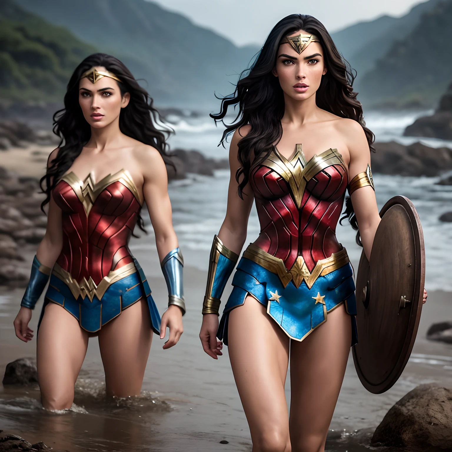 Two women in wonder wonder costume walking on the beach - SeaArt AI