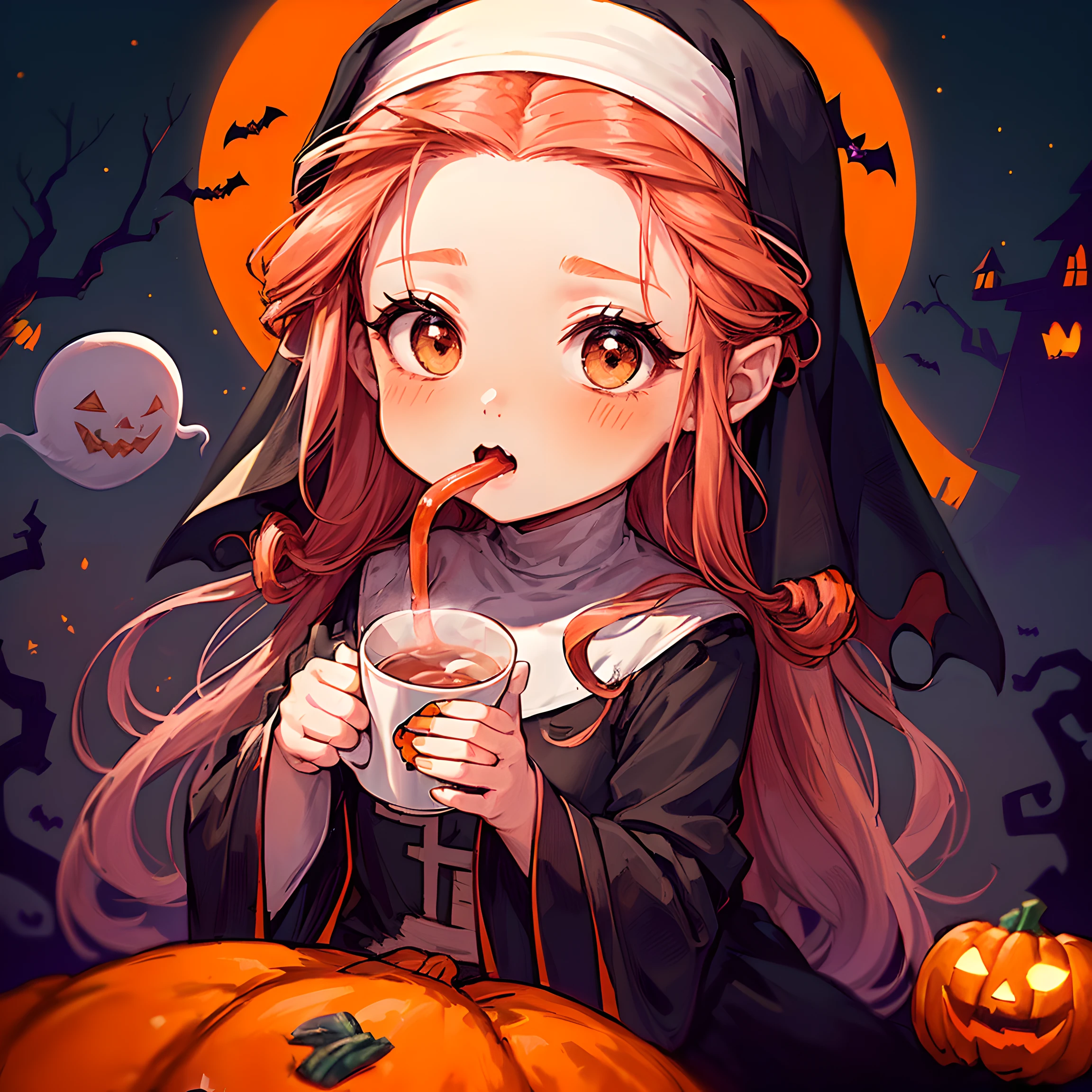 (ハロウィンテーマ:1.5), (魔法:1.5), (ファンタジー:1.5), (中央揃えの画像:1.5), (暗い夜空:1.5), (雲:1.5), (ちび絵文字:1.5), (ちびキャラ:1.5), (ハロウィンティーパーティー:1.5), (パンプキンモンスター:1.5), (かわいい幽霊:1.5), (メデューサ:1.5), (ミイラ:1.5), (オレンジをテーマにした服:1.5), (お茶を飲む:1.5), (修道女:1.5), (両方:1.5),