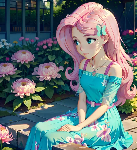 Fluttershy, fluttershy from equestria girls, fluttershy in the form of a girl, lush breast, pink long wavy hair, soft smile, flo...