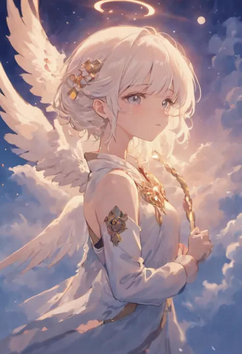 Sky, clouds, moon, wings, white hair, beauty, tears, mirror, slim boy, super details, high-definition quality, perfect composition