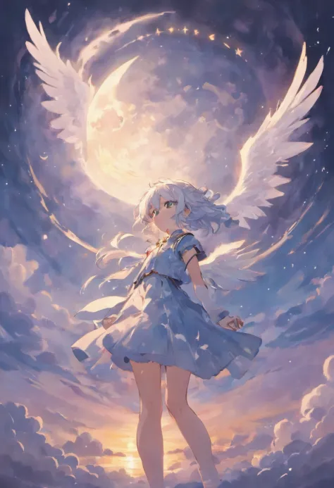 Sky, clouds, moon, wings, white hair, beauty, tears, mirror, slim boy, super details, high-definition quality, perfect composition