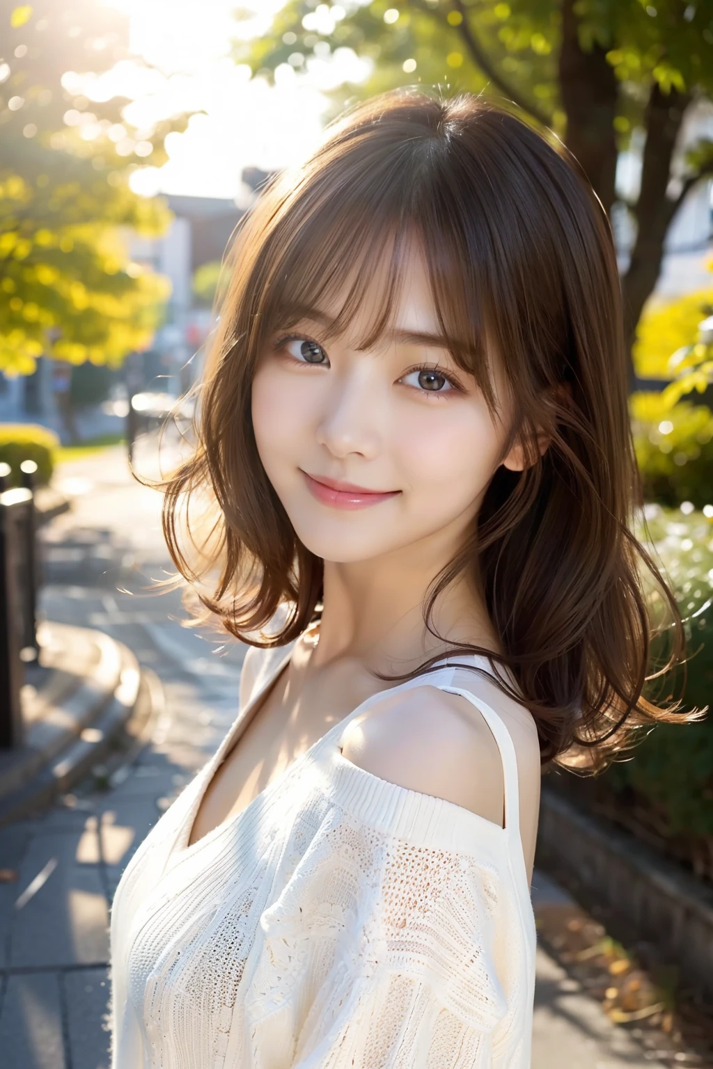 （1girll:1.2），(8K, Best Quality, tmasterpiece), (Realistic, Photorealsitic:1.37), ultra - detailed, adolable, solo, Cute Japan Woman,brown haired,By bangs, Curly, Hair on the shoulders, beautiful and delicate eyes,The eyes tell the story of a smile，Moisturizes skin,V-neck white knit，Stimulating，so sexy，Bright sunshine、Detailed background、