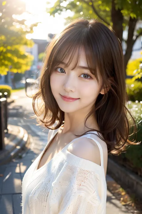 （1girll:1.2），(8K, Best Quality, tmasterpiece), (Realistic, Photorealsitic:1.37), ultra - detailed, adolable, 独奏, Cute Japan Woman,brown haired,By bangs, Curly, Hair on the shoulders, beautiful and delicate eyes,The eyes tell the story of a smile，Moisturize...