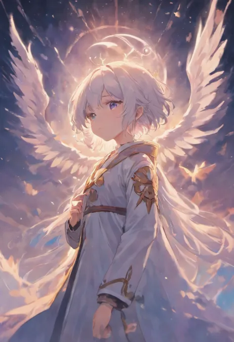 Sky, clouds, moon, wings, white hair, beauty, tears, mirror, slim boy, prayer, sacred, super details, high-definition quality, perfect composition