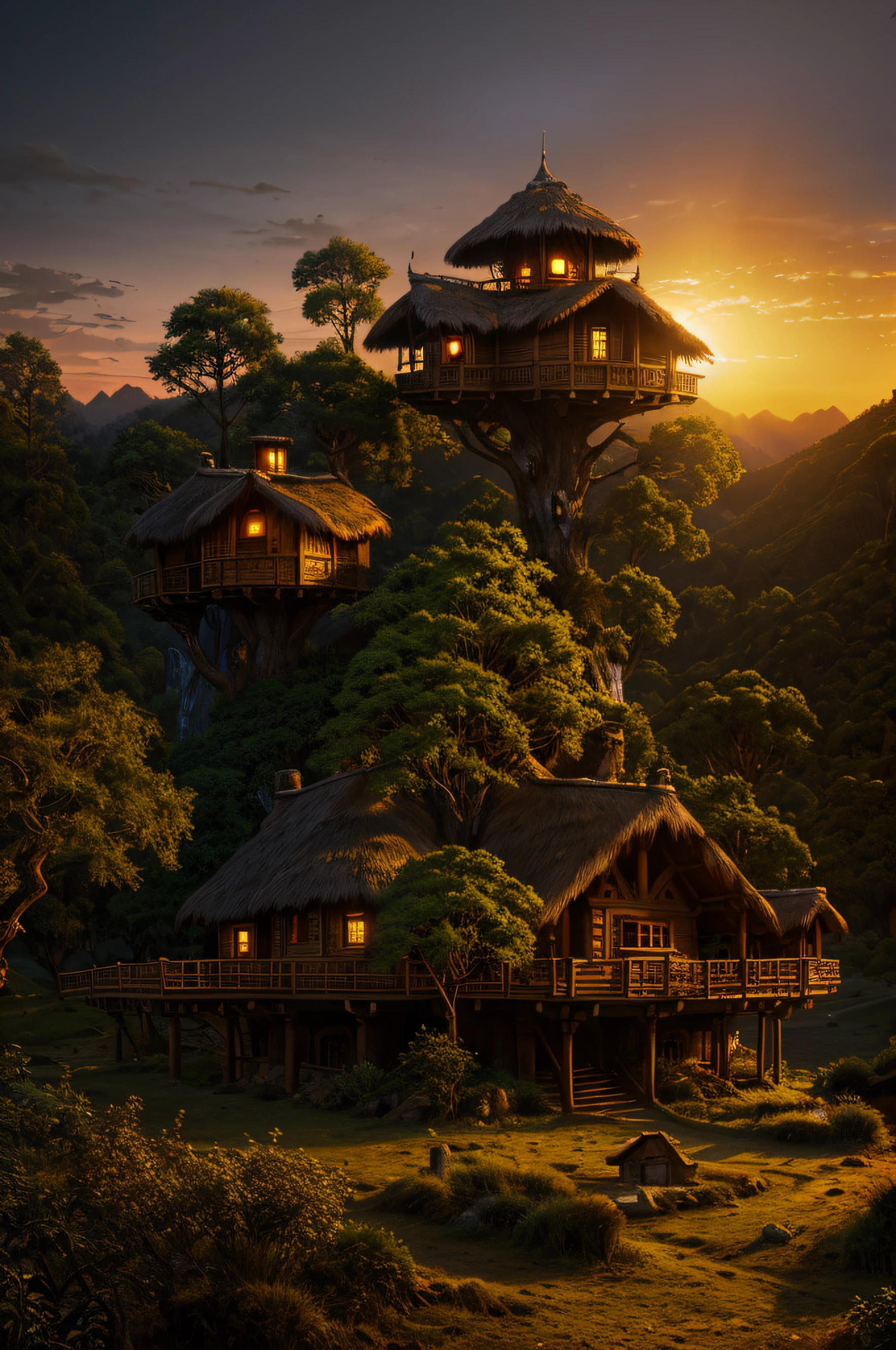 valley, fairytale treehouse village covered, , matte painting, highly detailed, dynamic lighting, cinematic, realism, realistic, photo real, sunset, detailed, high contrast, denoised, centered, michael whelan