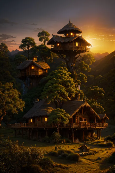 valley, fairytale treehouse village covered, , matte painting, highly detailed, dynamic lighting, cinematic, realism, realistic,...