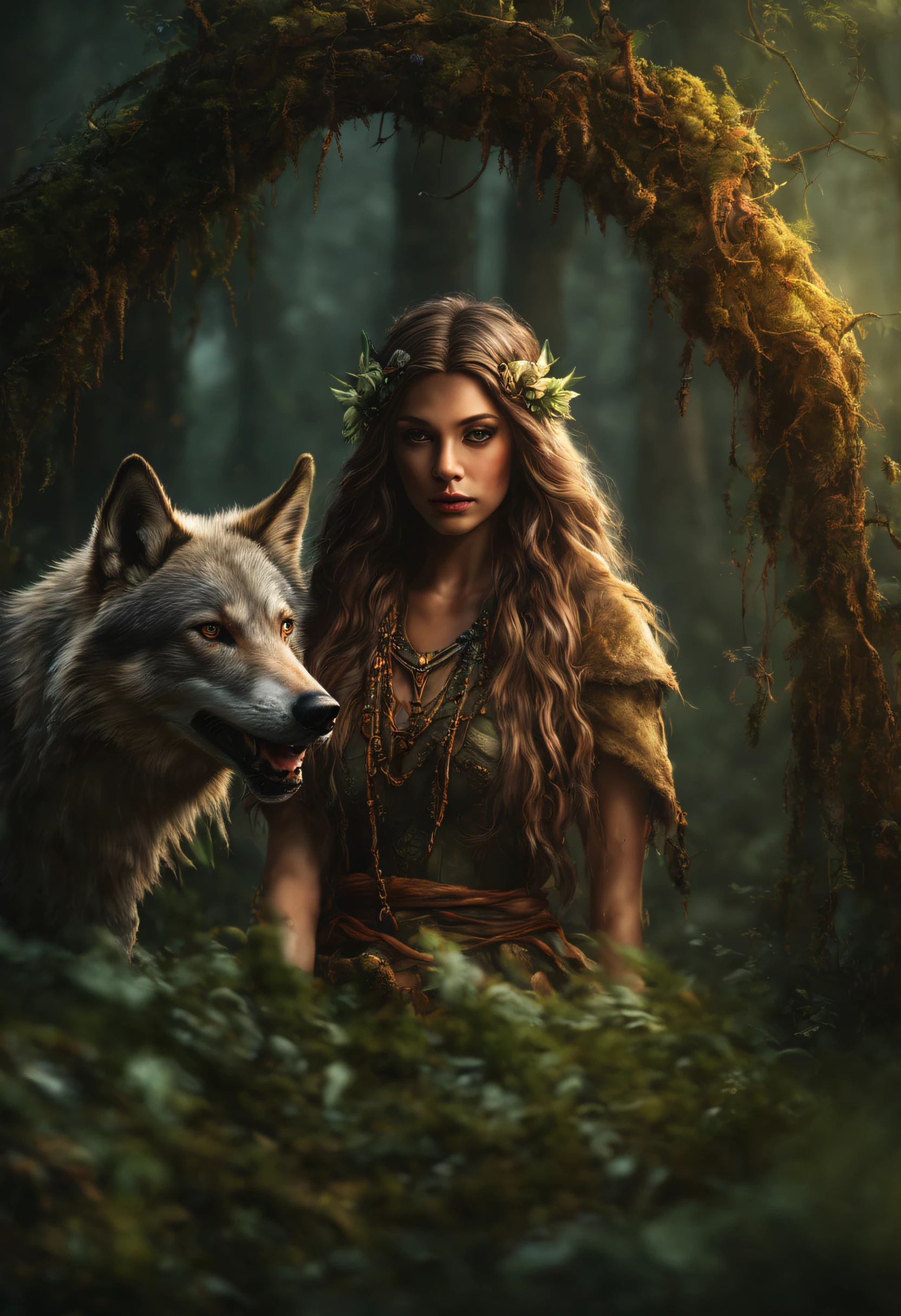 (Beautiful druid girl:1.3) Embrace the wolf  (Extremely detailed Cg Unity 8K wallpaper,Masterpiece, Best quality, Ultra-detailed, Beautiful detailed eyes:1.2),Best illumination, (Best shadow, An extremely delicate and beautiful, full bloom), Masterpiece, Best quality:1.1, Realistic:1.3, Cinematic lighting:1.2, In a dark cave:1.5, The ultra-realistice, Photorealistic:1.0, Sharp focus:1.1, Depth of field:1.1, 50 millimeters, Nathan Voss' style, Hasselblad x1d II, Door 160 pointed ears, elf