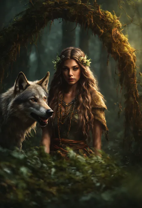(Beautiful druid girl:1.3) Embrace the wolf  (Extremely detailed Cg Unity 8K wallpaper,Masterpiece, Best quality, Ultra-detailed, Beautiful detailed eyes:1.2),Best illumination, (Best shadow, An extremely delicate and beautiful, full bloom), Masterpiece, B...
