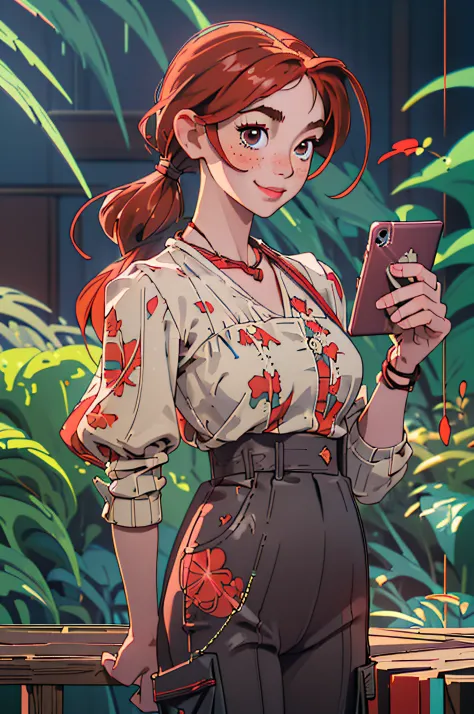 (Masterpiece, Best quality), 1girll, 鎖骨, Wavy hair, view the viewer, blurryforeground, Upper body, necklace, Contemporary, Plain trousers, ((Intricate, print, Pattern)), pony tails, freckle, Red hair, Dappled sunlight, Smile, cheerfulness,playing with mobi...