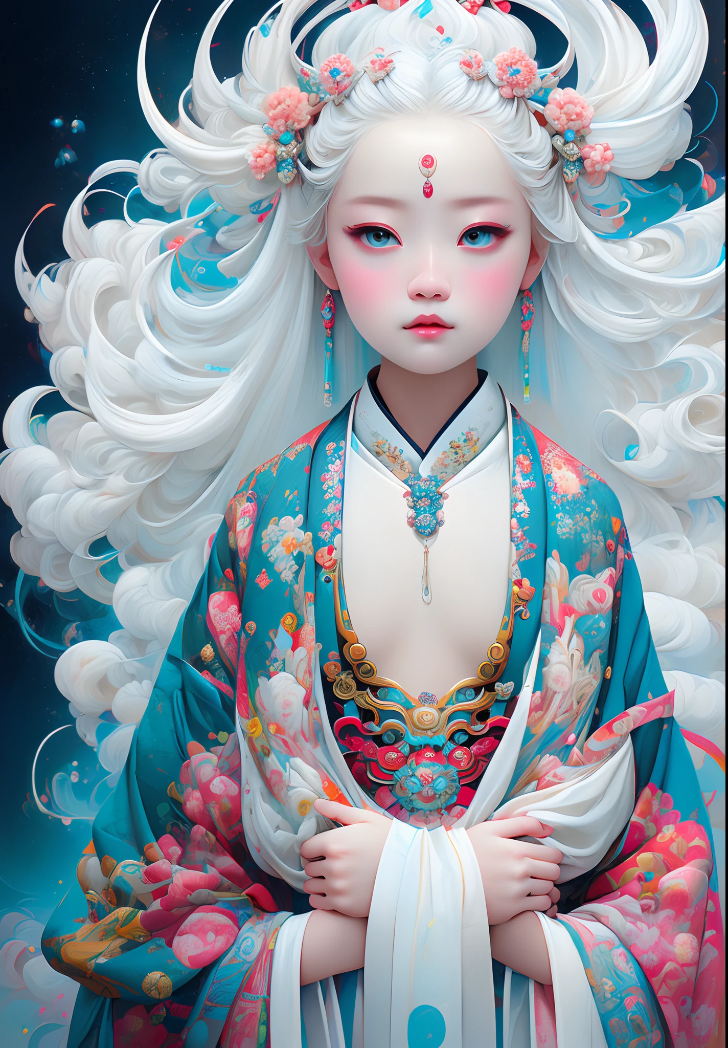 32 mil, Surreal, melhor qualidade, obra de arte, Uma alta resolução, original, papel de parede extremamente detalhado,
iluminação perfeita, hiper HD, cabelo branco,Zhang Jingna,Em um estilo radical de ilustração digital, retratos ousados e coloridos, criança iluminada, pablo picasso,hikari shimoda(corpo inteiro lésbica:1.2), (arquitetura do leste asiático:1.3)
(Manto Azul da Estrada 1.3)