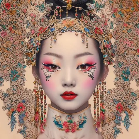 （Frontal close-up of a girl's face），（The girl has no makeup on the left side of her face），(The right side of the face is painted with a Peking Opera mask)，(Different images are separated in the middle：1.2），left right symmetry，Couples swap faces