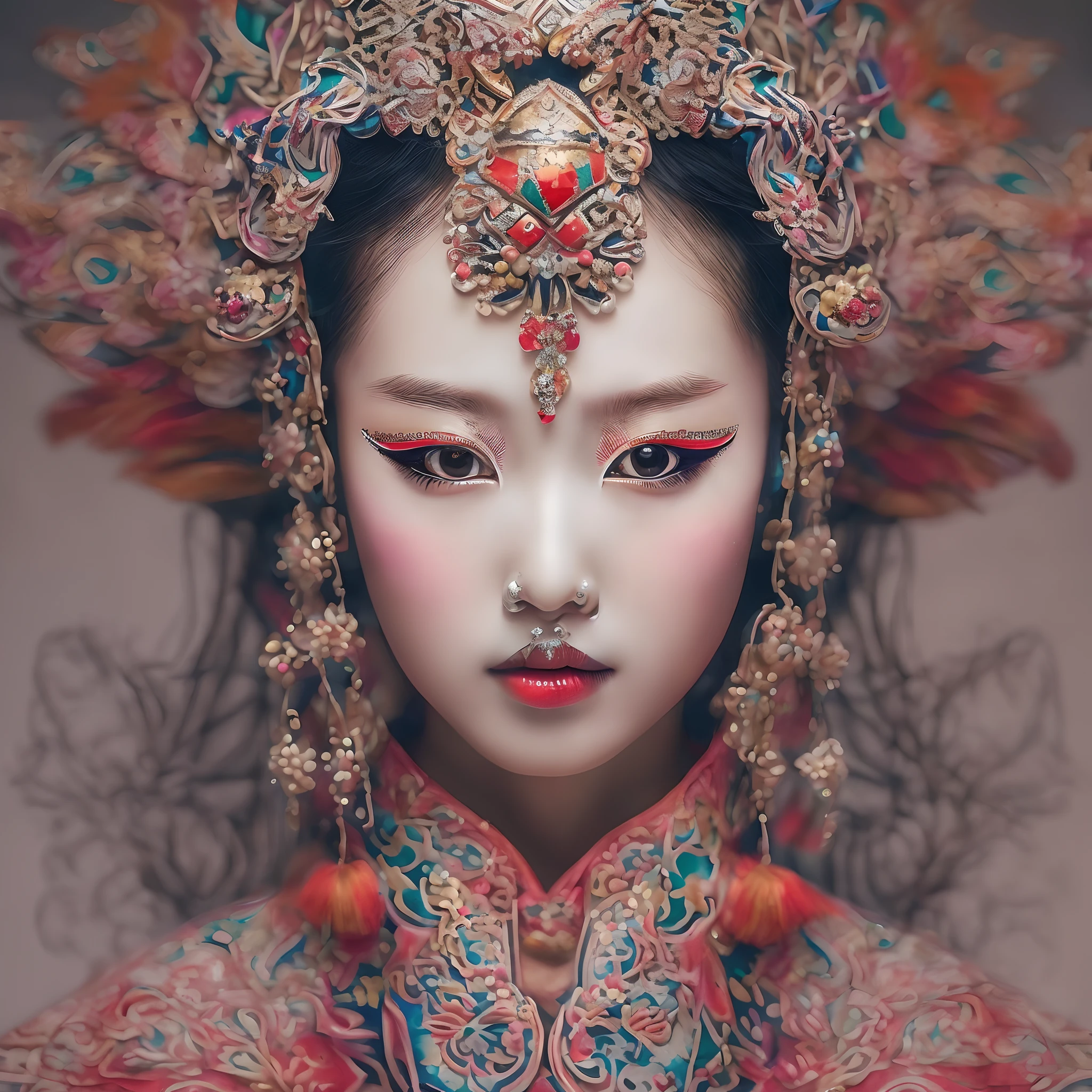 （Frontal close-up of a girl's face），（The girl has no makeup on the left side of her face），(The right side of the face is painted with a Peking Opera mask)，(Different images are separated in the middle：1.2），left right symmetry，Couples swap faces