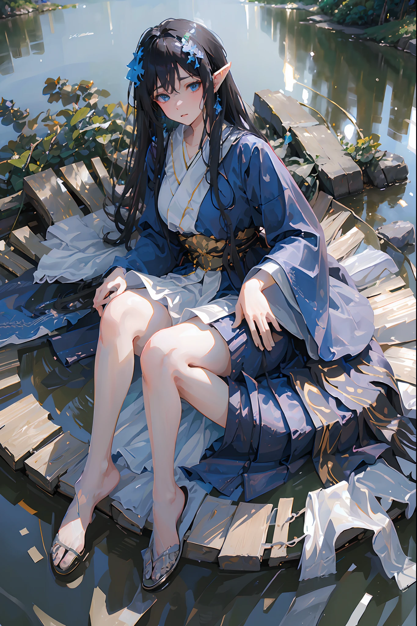 (best quality,4k,8k,highres,masterpiece:1.2),ultra-detailed,elf ears,beautiful blue eyes,long black hair,full body,kimono,mature,serious expression,magical forest ambiance,wisdom,woman,graceful pose,subtle background,soft lighting,sublime beauty,detailed facial features,dark colors,water, long black hair,