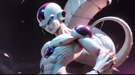 ((Frieza)), Solo male, man version, Transformed into final form、dragonball z, Muscular Body、battleing、Fighting、action、Beautiful expression、serious faces、Looking down、tail、red eyes、Bruised body、Perfect body、Toned body、full body Esbian、fıt body、abdominals、mu...