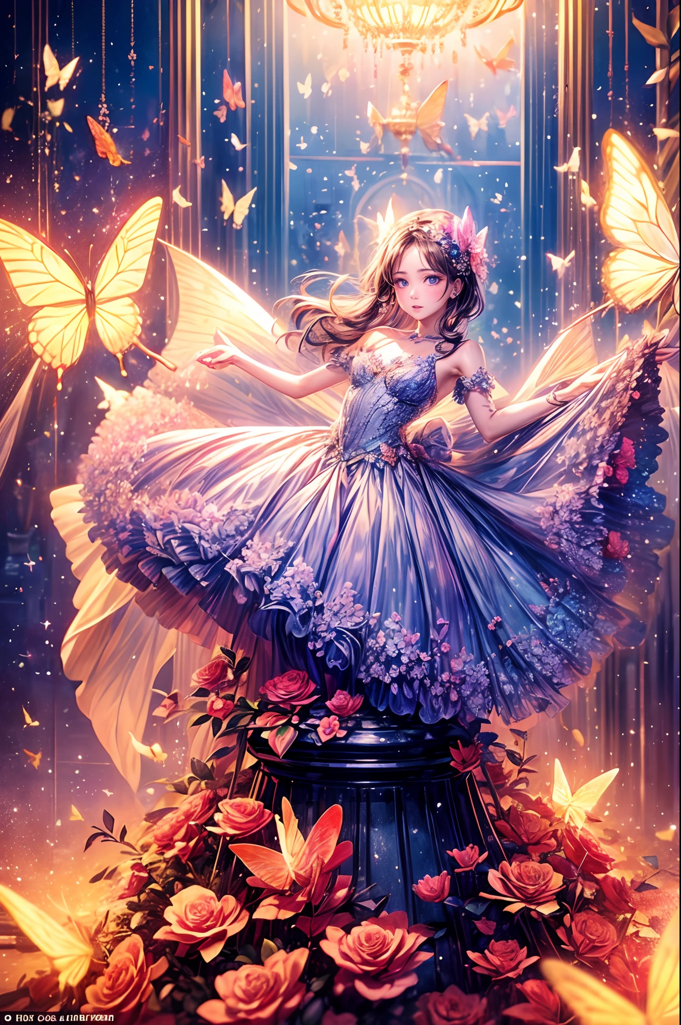 Falling into the human world、Describe an angel trying to adapt to modern human life, Including the moral challenges they face,((Beautiful flowers and butterflies on background々There is a,carafe)),Super detailed and accurate,The color of the dress is pink,