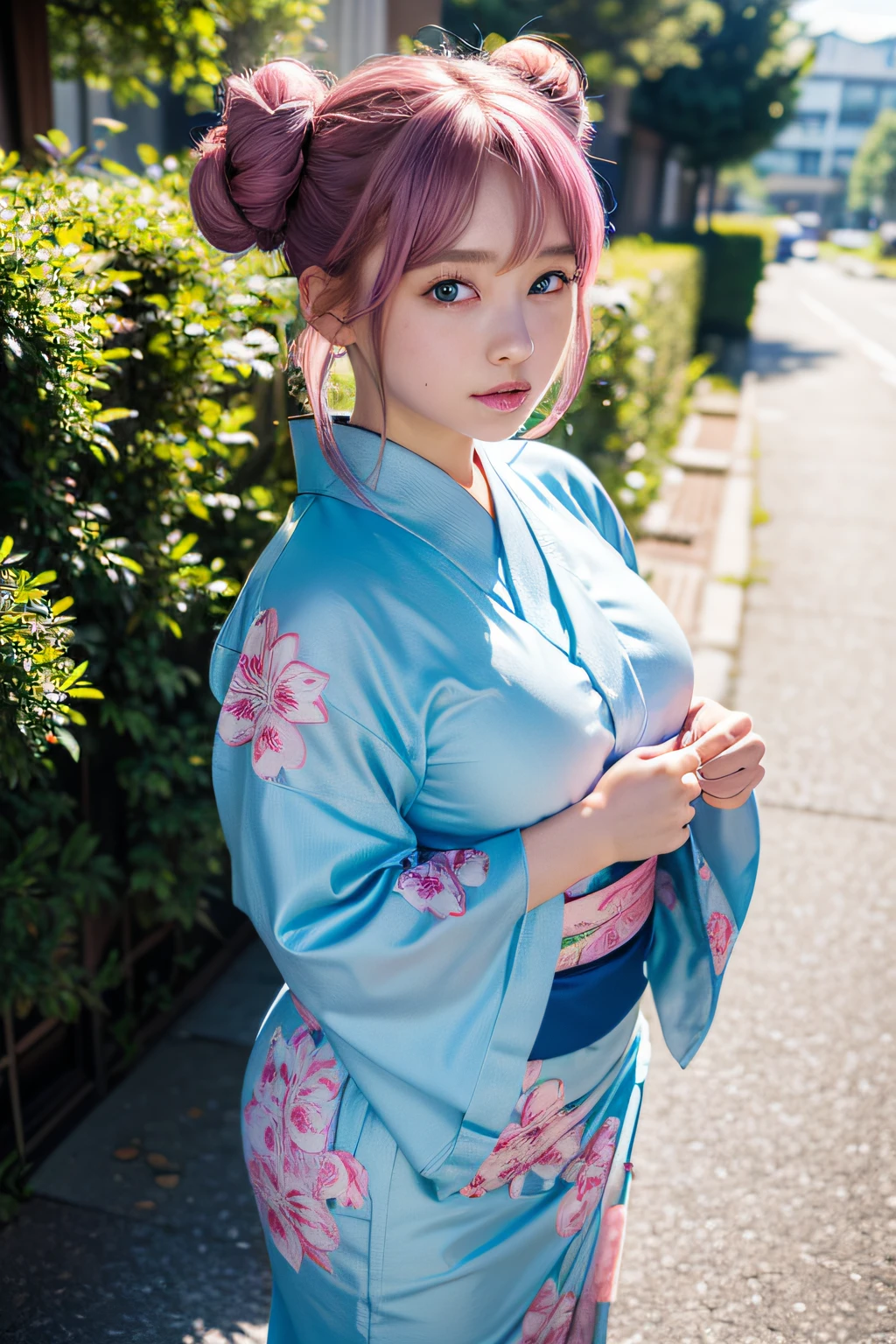 (masterpiece, best quality, beautiful girl, solo, gardeniass, 8k, official art, raw photo, detailed Blue eyes, full Pink Hair, 2 buns, classic yukata, teen, shy, curvy body, blue eyes