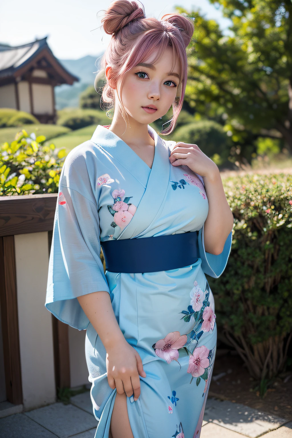 (masterpiece, best quality, beautiful girl, solo, gardeniass, 8k, official art, raw photo, detailed Blue eyes, full Pink Hair, 2 buns, classic yukata, teen, shy, curvy body, blue eyes