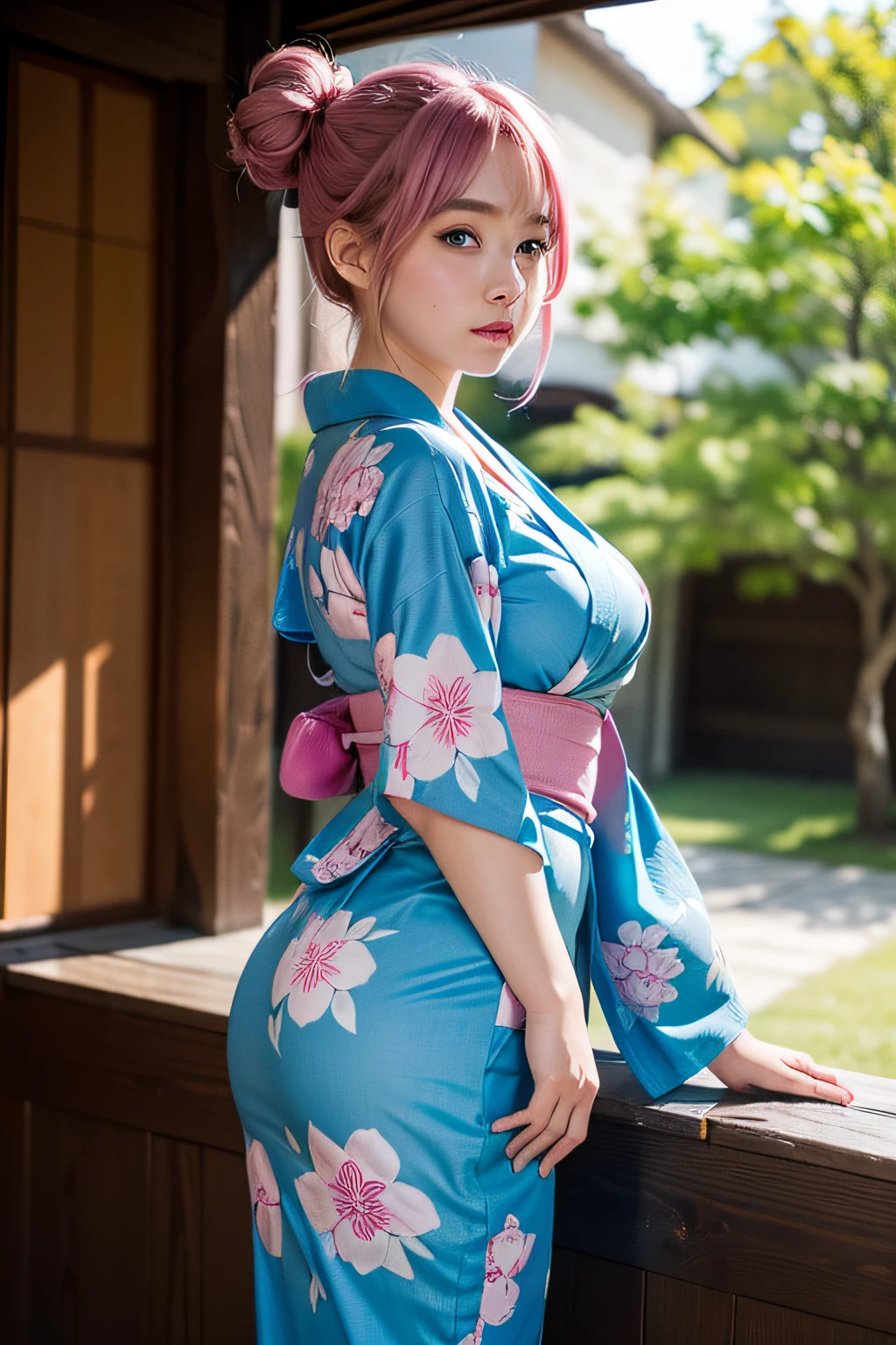 (obra maestra, mejor calidad, hermosa chica, solo, jardinera, 8K, arte oficial, foto cruda, ojos azules detallados, pelo rosa completo, 2 bollos, yukata clasico, adolescente, tímido, cuerpo con curvas, blue eyes