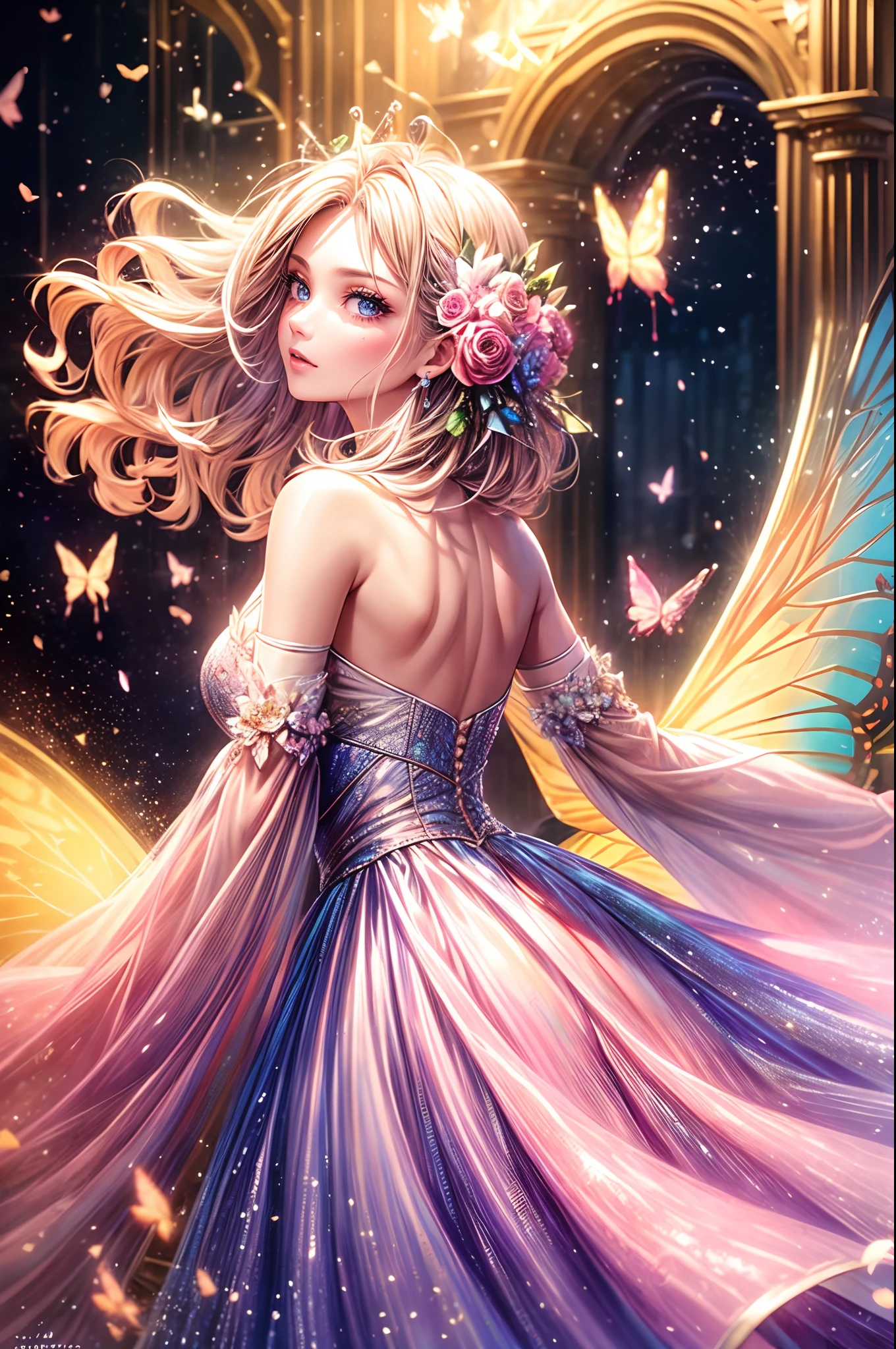 Falling into the human world、Describe an angel trying to adapt to modern human life, Including the moral challenges they face,((Beautiful flowers and butterflies on background々There is a,carafe)),Super detailed and accurate,The color of the dress is pink,