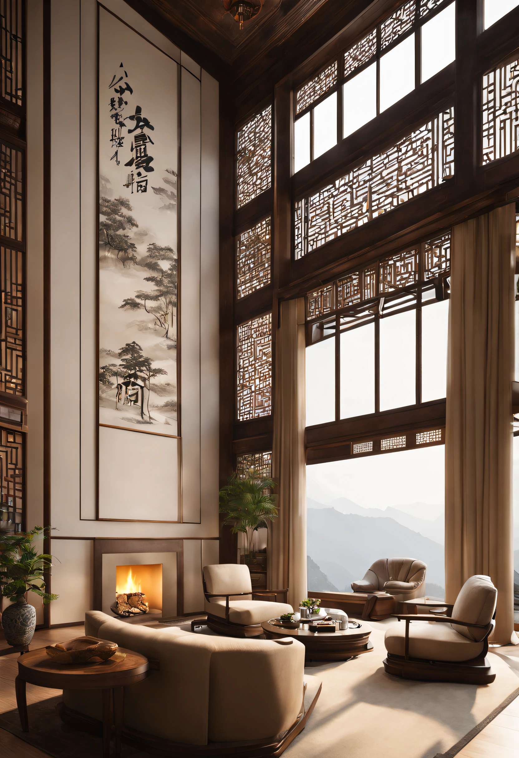 Simple room，Set up the fireplace，Fireplace front view，Man on the couch is reading a book，There are floor-to-ceiling windows，sofe，a chair，New Chinese style decoration，high-definition photography，Best Masterpiece，HighestQuali