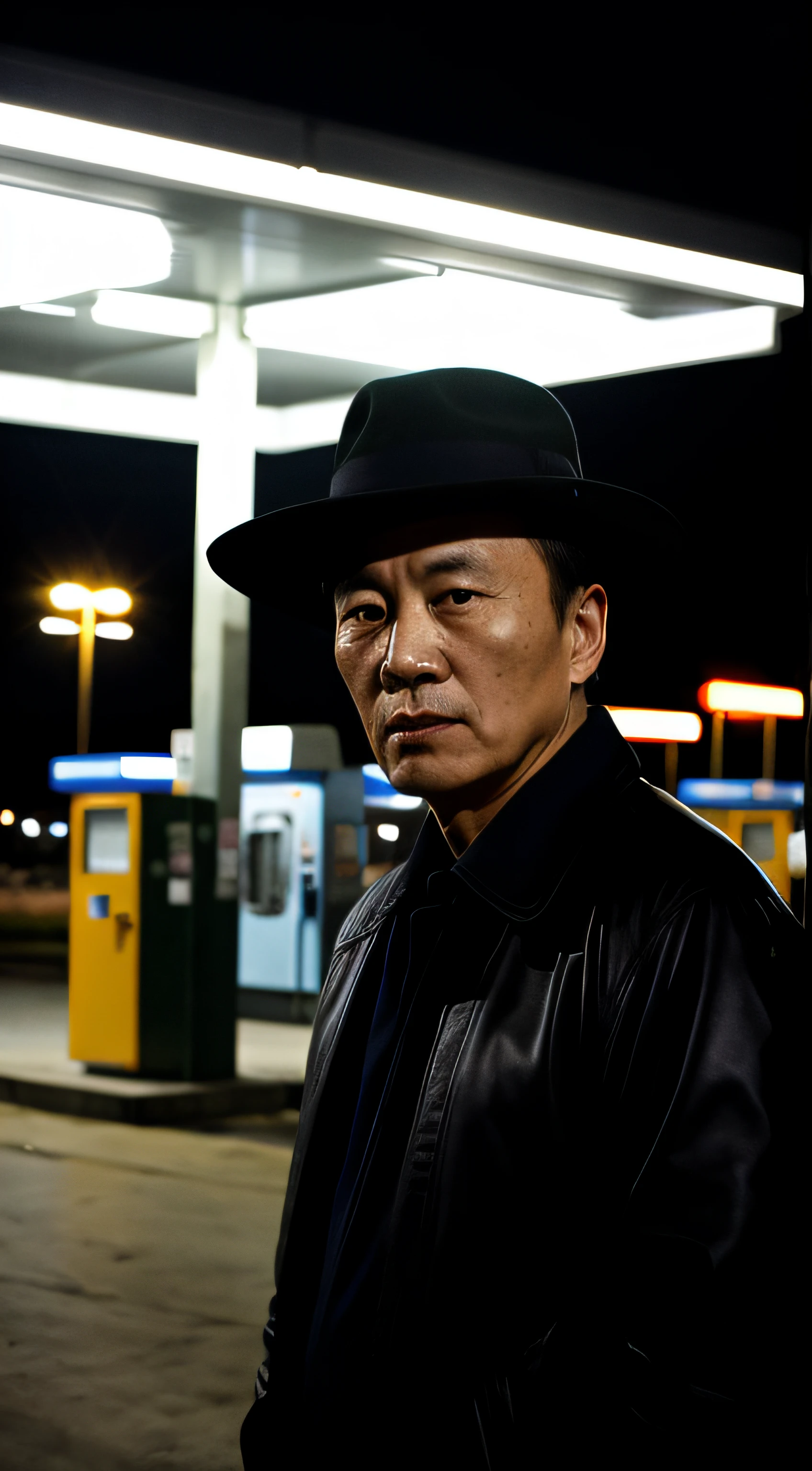 Pitch black night，The sky is dark，Behind it is a gas station，The gas station is brightly lit，Sixty-five years old，a chinese male，Gloomy environment，With a hat，Put your hands in your pockets，looks into camera，Faint moonlight，full bodyesbian，Serious face，Clear face，realisticlying，Scary atmosphere，Sense of story，thriller，Asian people，The overall environment is terrifying，The environment is dark