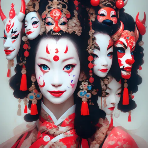（Close-up of a girl's face）。The clown mask on the left side of the face，The right side is painted with a Peking Opera mask，Symme...