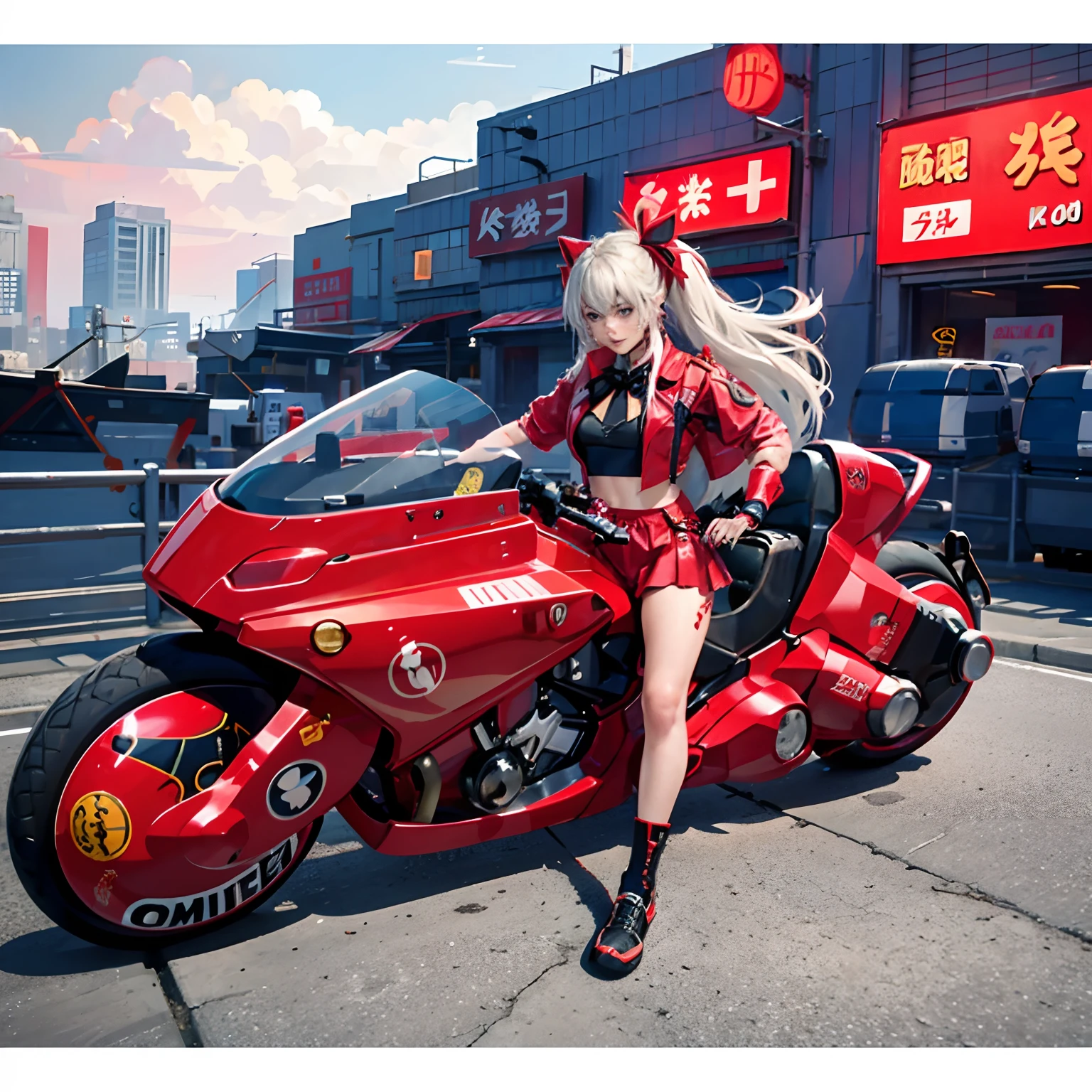 Official Art, Unity 8k Wallpapers, ultra-detailliert, Beautiful and aesthetic, ​masterpiece, top-quality, realisitic, banya, red blush, length hair, white  hair, striated hair, Red Neon Eyes, Hair bow, Mole under the eyes, Red Akira Bike, Riding Bicycles, natta, Cyberpunk City View, Spectacular screen, 校服,neon color，Rin々Nice Lori，Cute Lori，bow ribbon，