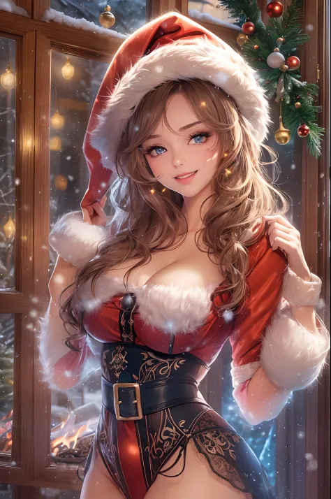 Beautiful and sexy Santa Girl  wearing a sexy form fitting beautiful santa outfit, lots of fir complex designs,Slim body, huge boobs, thin waist. In a magical cozy cottage filled with majical christmas decorations, roaring fire in the fireplace, warm light...