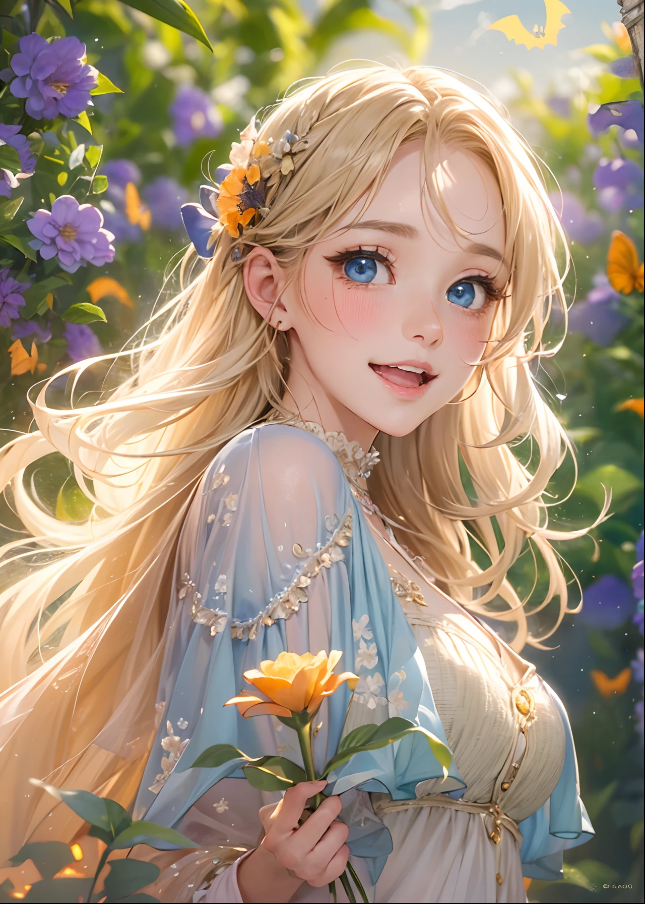 exquisitedetails, Highest quality 8K resolution, Ultra-detailed, Realistic, Vibrant colors, Soft tones, With warm and gentle lighting,(Smooth straight blonde hair:1.2),(Hair parted in the middle:1.2),(Glowing hair),(Deep Blue Eyes:1.3),Garden Girl,Smiling with tears in her eyes,With an overflowing soft and gentle feeling, Multiple Corner Turns,Visible emotions and specific emotions, I want to believe, Use illustrations,Long-haired beautiful girl fluttering in the wind,The promenade is full of flowers, Create colorful reflections.The sun's rays illuminate joy and pure love, Cast a warm golden glow on the girl's face. Their love is like a blessing from God, Free yourself from the hassles of this world. The atmosphere is full of happiness and laughter, It's like heaven、As if celebrating love. The artwork is、Create a combination of digital illustrations and photos, Sticking to ultra-detailed depictions and vivid colors. In a style that blends romanticism and realism、You can feel the depth of love. The color palette consists of soft pastel tones, Create an ethereal atmosphere like a dream. and the lighting is soft and diffused, Shine a gentle light on your face,、The warmth of the hug increases. The artwork is a masterpiece, Meticulously crafted to capture the essence of an unbreakable bond.(Halloween specification:1.3)