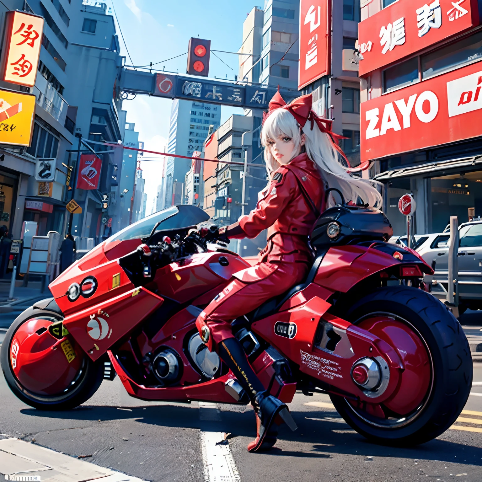 Official art, Unity 8k Wallpapers, Ultra-detail, Beautiful and aesthetic, ​masterpiece, top-quality, realisitic, banya, red blush, length hair, white  hair, striated hair, Red Neon Eye, Hair Bow, Mole under the eyes, Red Akira Bike, Riding Bicycles, natta, Cyberpunk City View, Spectacular screen, Uniforms,neon color，Rin々Nice Lori，Cute Lori，bow ribbon，A detailed face，Detailed mech，from the rear