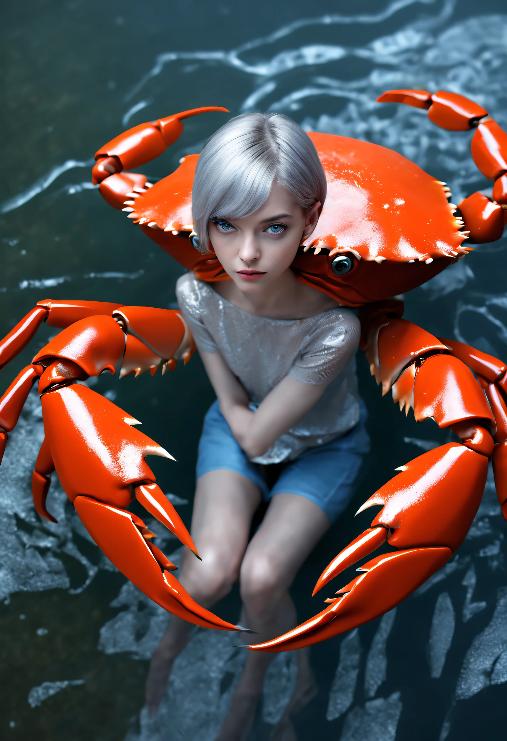 Belle fille, attraper un gros crabe, netteté, 8k, composition parfaite, tendance sur art station, photographie primée, cinématique fluide, détail complexe, très détaillé, Corps mince, cheveux courts argentés, yeux bleus, tout le corps, par le bas, éclaboussure, art fractal, Dieu Ray, rivière, neige, l&#39;adolescence