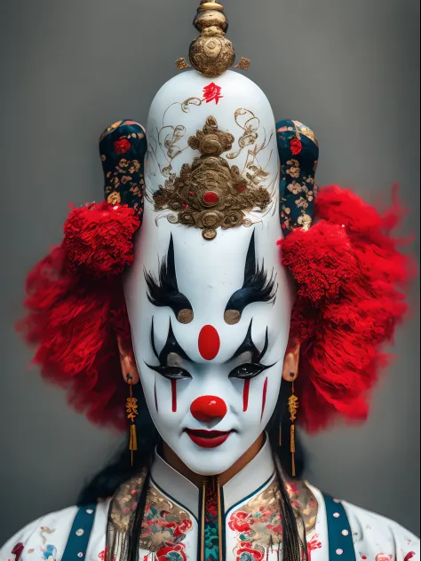 （Close-up of a girl's face）。The clown mask on the left side of the face，The right side is painted with a Peking Opera mask，left right symmetry，Perfect integration