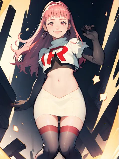 hilda valentine goneril ,rocket,team rocket uniform, red letter r, white skirt,white crop top,black thigh-highs,black elbow glov...