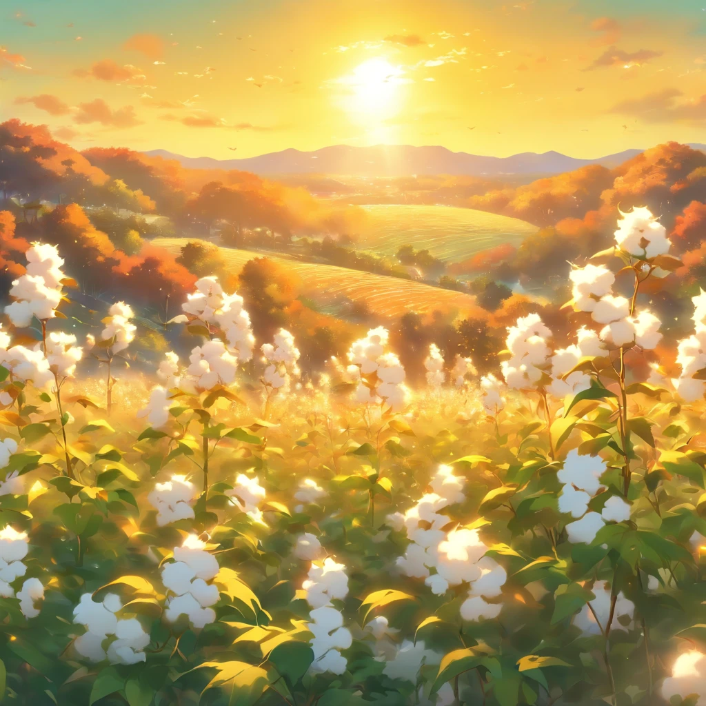 (a beautiful,peaceful) cotton field,cotton plants,blooming white cotton flowers,fresh green leaves,tall and swaying cotton stalks,gentle breeze moving through the field,soft golden sunlight shining from above,a clear blue sky,harvest time,peaceful countryside scene,farmland scenery,rustling sound of leaves in the wind,distant mountains in the background,vibrant and colorful scene,tranquil and serene atmosphere.+(best quality,ultra-detailed,realistic),crisp details,vivid colors,natural lighting,high resolution image.