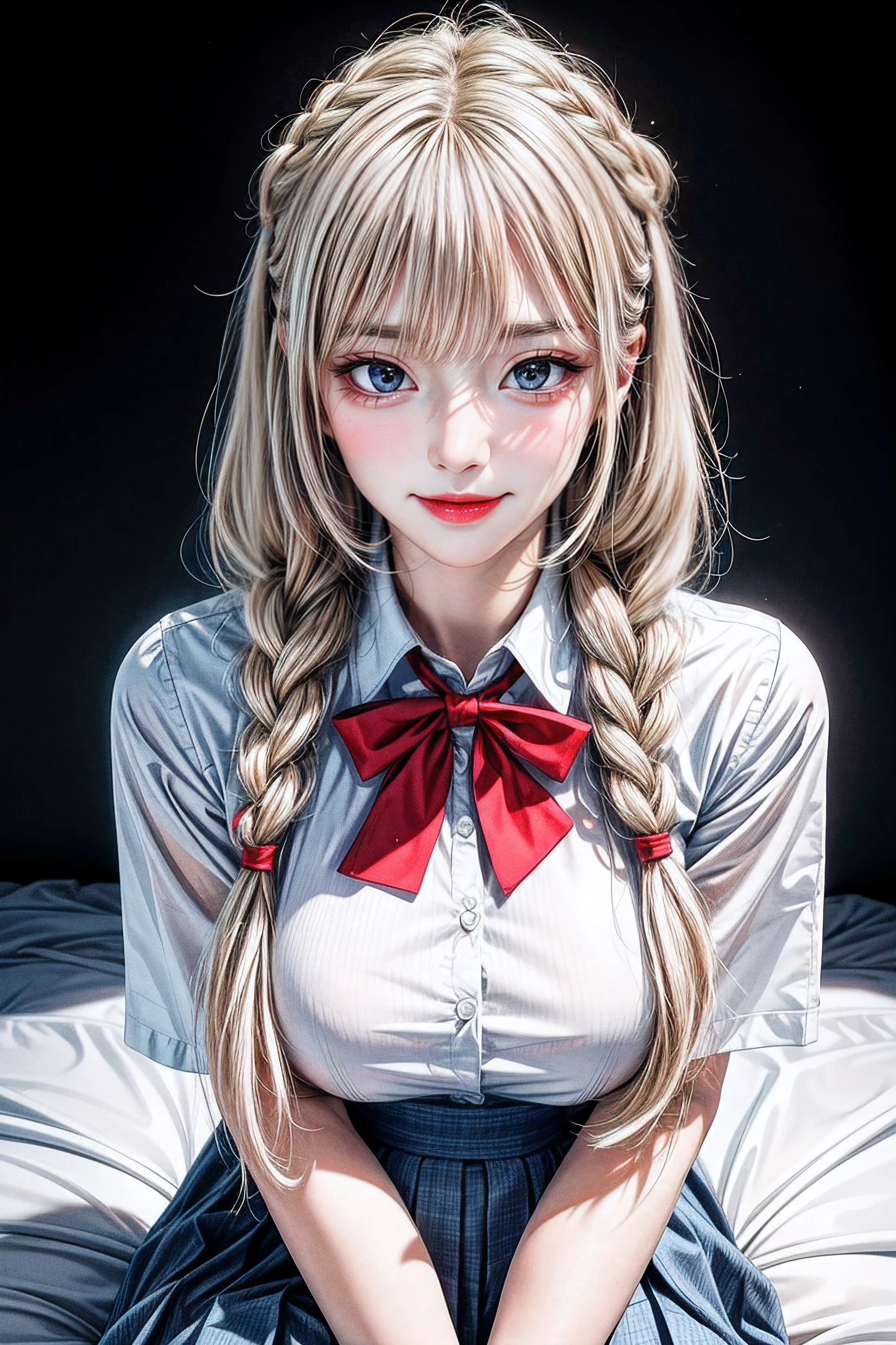 Simple White Background,
school_uniform,White collared shirt, pleated skirt, red_bowtie,
Hair hair ribbon, 
blonde hair ,green eyes,bangs,Long_hair,braided bun,braid, 
1 girl, 20yo,Young female,Beautiful Finger,Beautiful long legs,Beautiful body,
Beautiful Nose,Beautiful character design, perfect eyes, perfect face,expressive eyes,perfect balance,
looking at viewer,(Focus on her face),closed mouth, (innocent_big_eyes:1.0),(Light_Smile:0.3),
official art,extremely detailed CG unity 8k wallpaper, perfect lighting,Colorful, Bright_Front_face_Lighting,White skin,
(masterpiece:1.0),(best_quality:1.0), ultra high res,4K,ultra-detailed,
photography, 8K, HDR, highres, absurdres:1.2, Kodak portra 400, film grain, blurry background, bokeh:1.2, lens flare, (vibrant_color:1.2),professional photograph,
(Beautiful,large_Breasts:1.4), (beautiful_face:1.5),(narrow_waist),