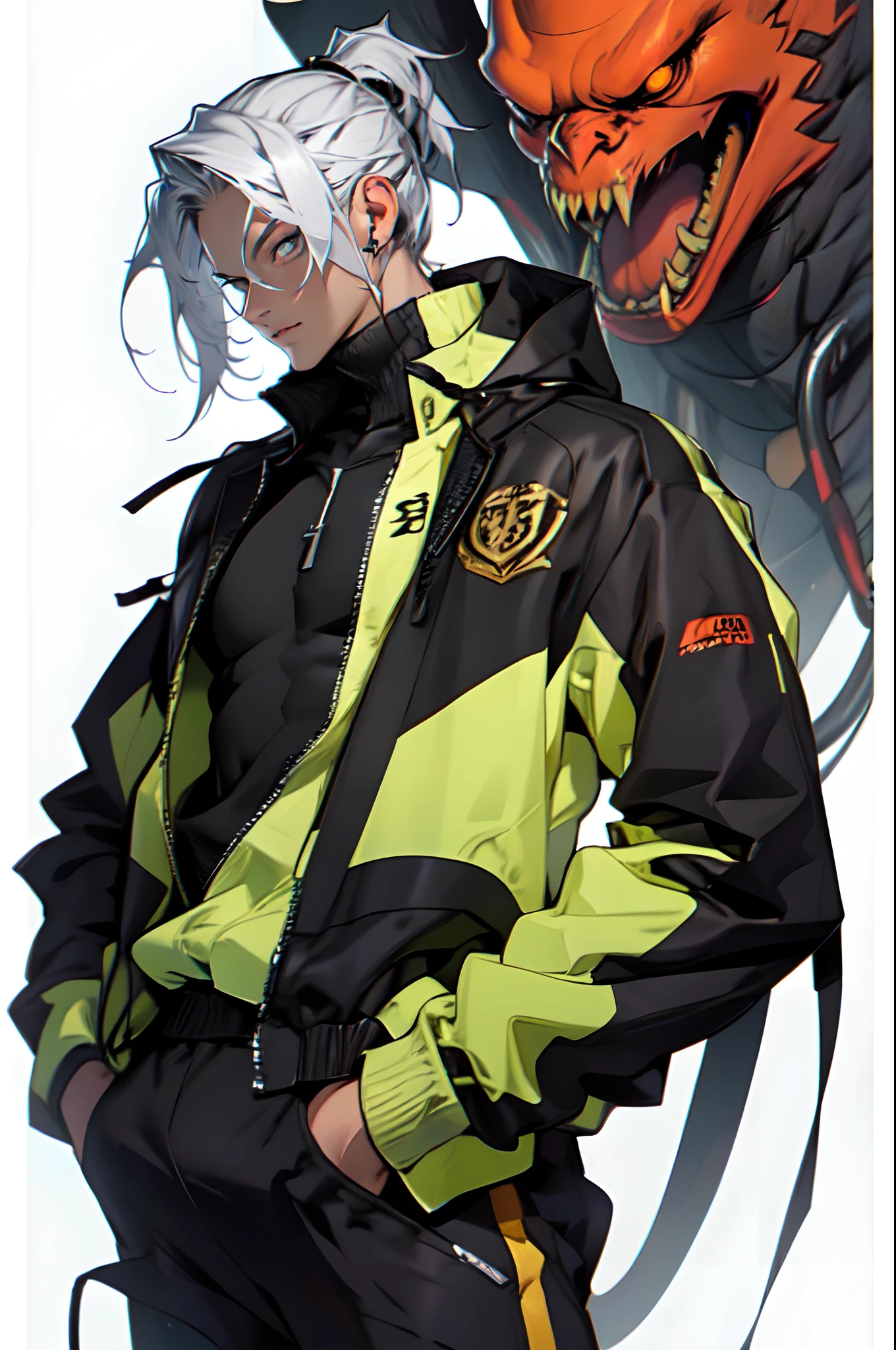 Anime character with white hair and yellow and black jacket - SeaArt AI