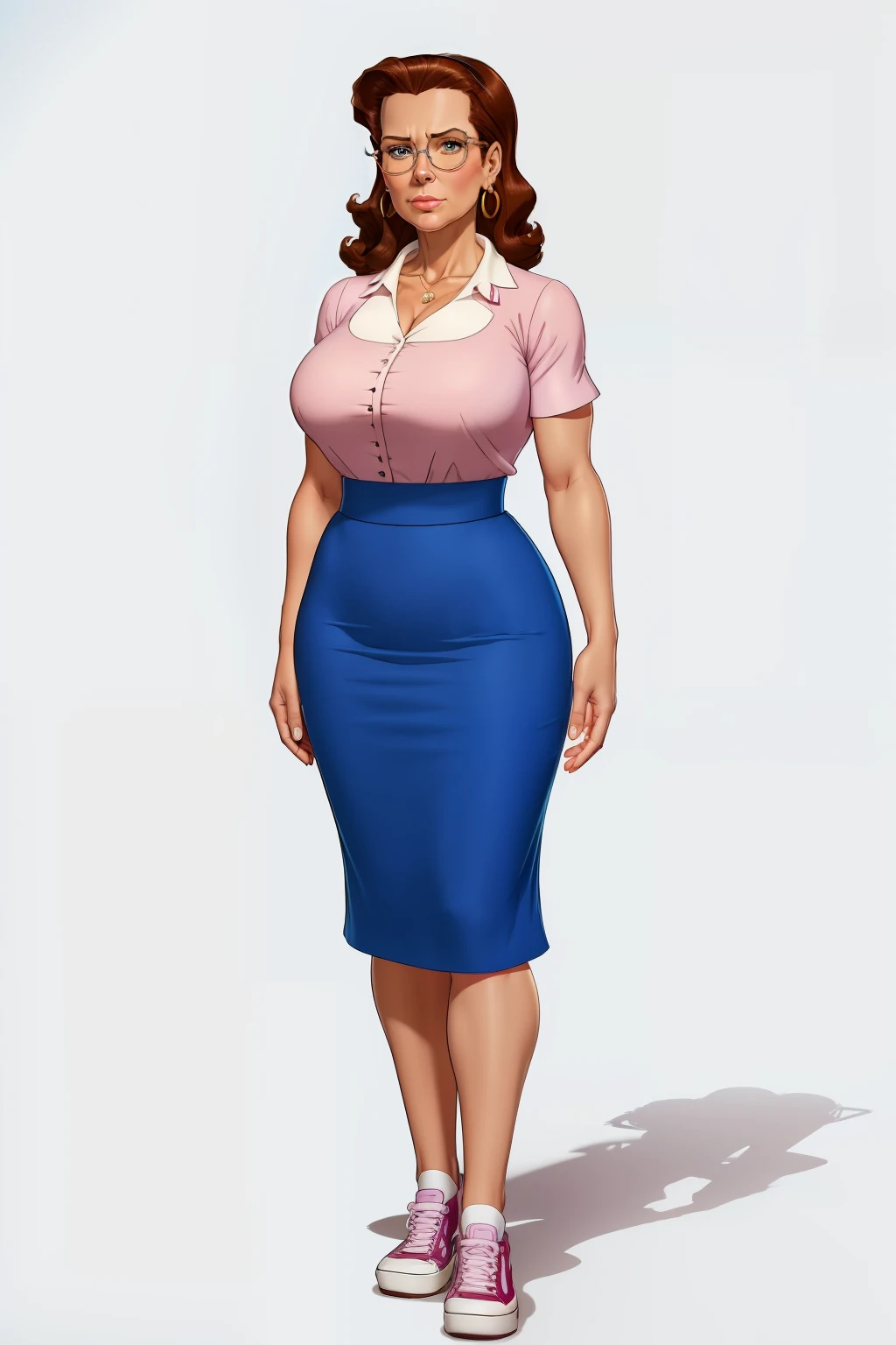 A cartoon woman in a blue skirt and pink shirt - SeaArt AI