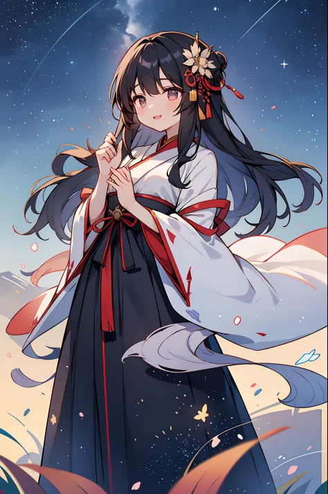 Under the beautiful starry sky, A woman with long black hair and a beautiful hair ornament、Standing in a fluffy cheongsam. ((Hanfu:1.2))Her beauty is、It further enhanced the surrounding scenery. The brilliance of the starry sky mixed with the beauty of a w...