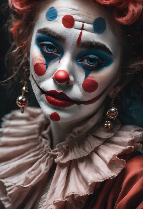 (best quality,4k,8k,highres,masterpiece:1.2),ultra-detailed,(realistic,photorealistic,photo-realistic:1.37),portrait,oil painting,sad,emotive,close-up,detailed eyes,detailed lips,complex emotions,clown character,tear marks,colorful makeup,expression,loneli...