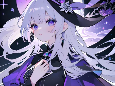 Silvery hair、(Lori、Masterpiece、８K、high-level image quality、Halloween、)witch clothing、Purple one-piece dress、doress、witch's hat、