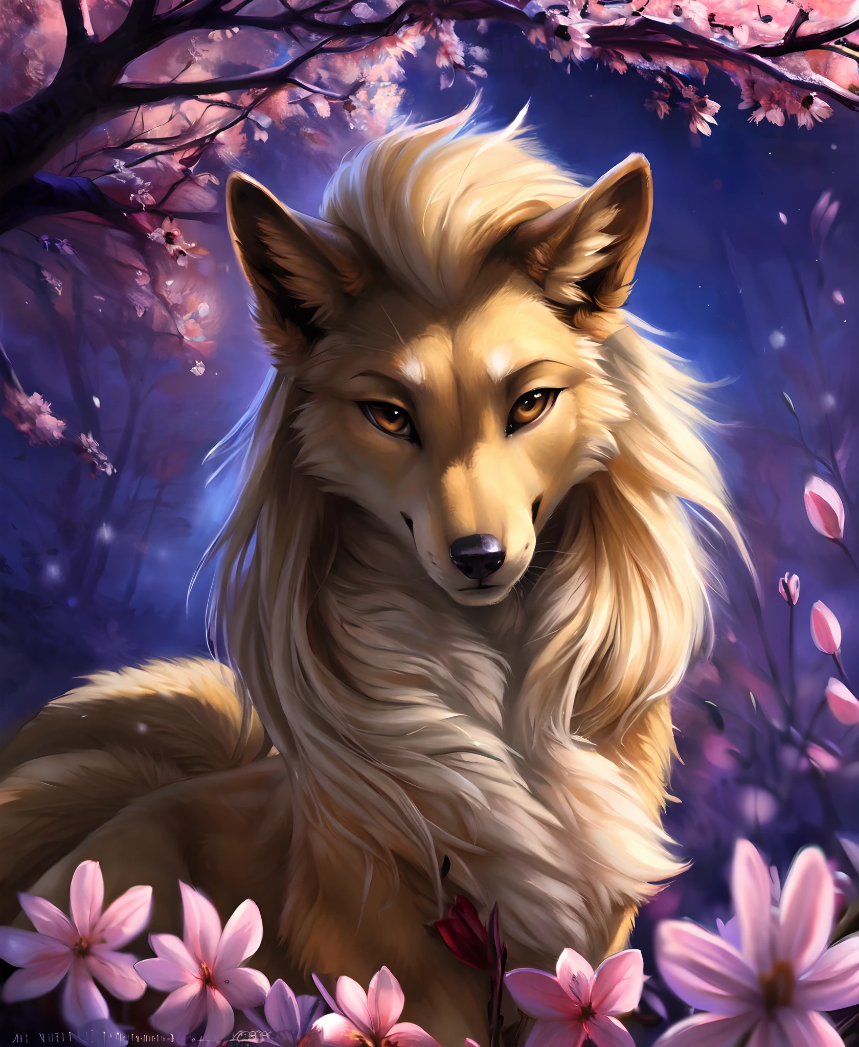 ((solo)) (feral, ninetales), female, looking at viewer, cherry blossom, night, fog, flower, multi tail, full moon,, best quality, shaded, extreme detail, highly detailed, ultradetailed, intricate, realistic, detailed background, hi res, realistic, photography \(artwork\), (by kenket), by ross tran, by michael & inessa garmash, by pino daeni, by isvoc, by kiguri, by alena aenami, by ruan jia, (by zenthetiger, by wolfy-nail), by Enki Bilal, by drmax, photorealism,