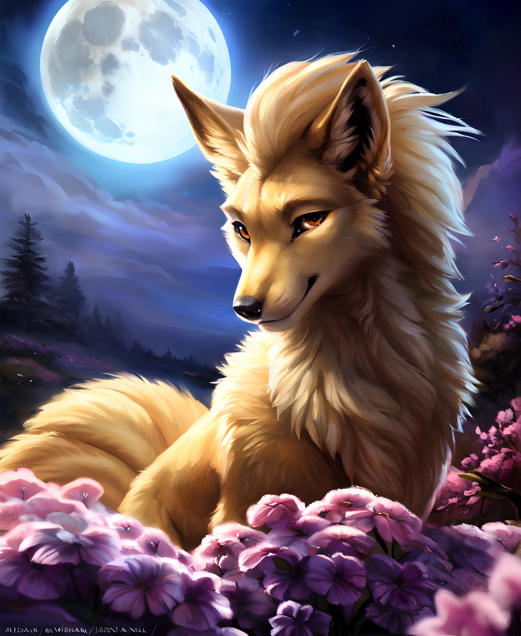 ((solo)) (feral, ninetales), female, looking at viewer, cherry blossom, night, fog, flower, multi tail, full moon,, best quality, shaded, extreme detail, highly detailed, ultradetailed, intricate, realistic, detailed background, hi res, realistic, photography \(artwork\), (by kenket), by ross tran, by michael & inessa garmash, by pino daeni, by isvoc, by kiguri, by alena aenami, by ruan jia, (by zenthetiger, by wolfy-nail), by Enki Bilal, by drmax, photorealism,