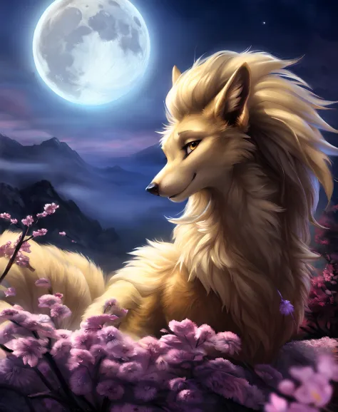 ((solo)) (feral, ninetales), female, looking at viewer, cherry blossom, night, fog, flower, multi tail, full moon,, best quality, shaded, extreme detail, highly detailed, ultradetailed, intricate, realistic, detailed background, hi res, realistic, photogra...
