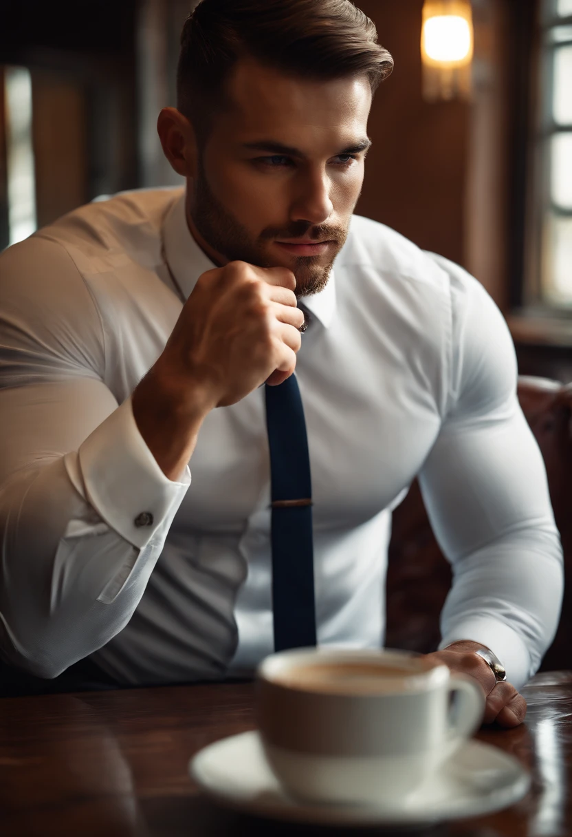 1man, 
a 30 y.o muscular male wearing long-sleeve white shirt and tie, drinking coffee,
soft lighting, 
masterpiece, best quality, 8k uhd, dslr, film grain, Fujifilm XT3 photorealistic painting art by midjourney and greg rutkowski