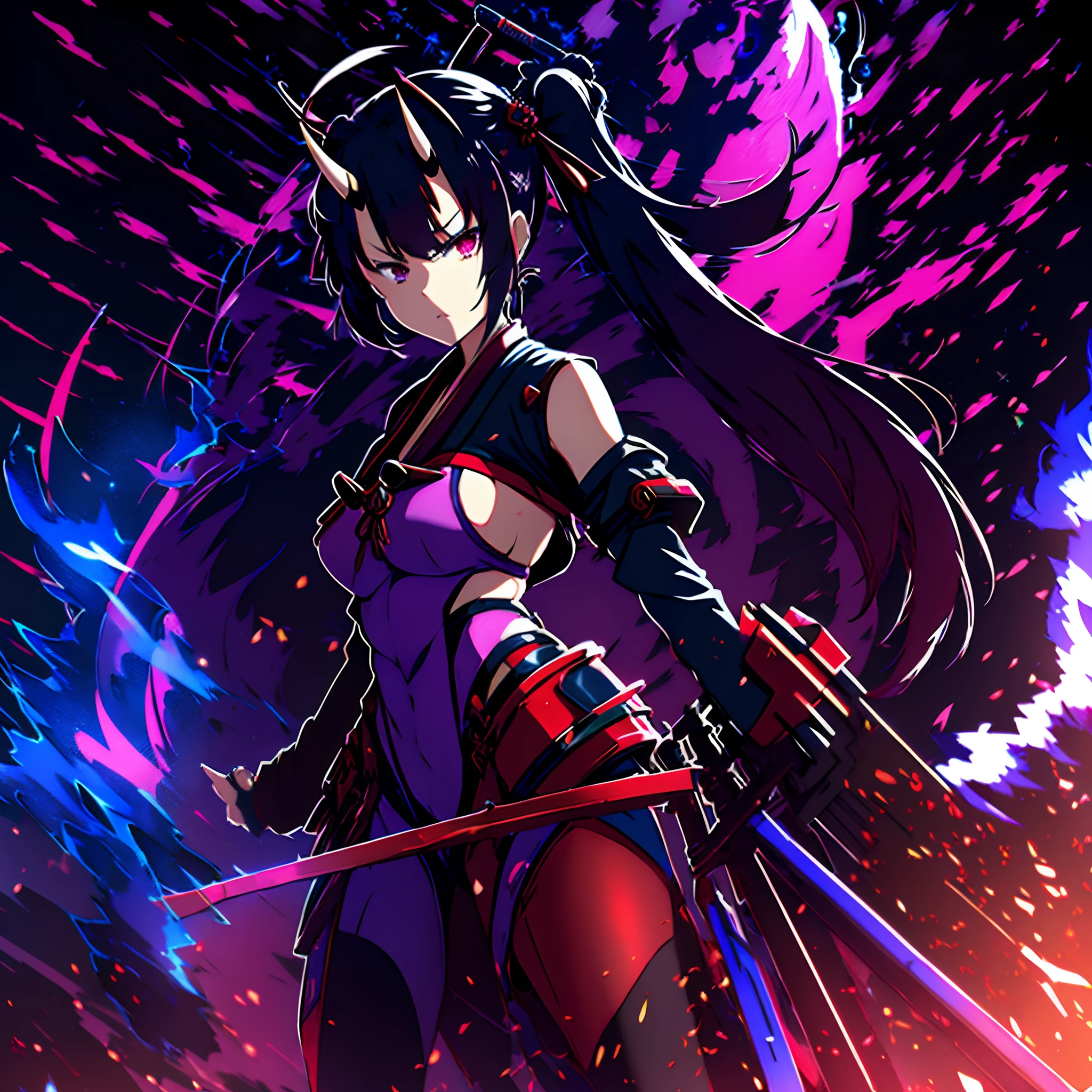 1 girl, solo, Nakiri_Ayame, oni horns aberrant colours, light samurai armour with mask, black pantyhose, cool hair accessory, dark red hairpin, black hair, very long hair, let down hair, bun updo, ahoge, sidebangs, sparkling violet eyes, standing, cool pose, alien-like hell in background, blue and violet flames, angry expression